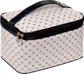 Kuferek kosmetyczny Ewa Schmitt KO701, biały z czarnym wzorem w romby, czarny uchwyt, widok pod kątem.