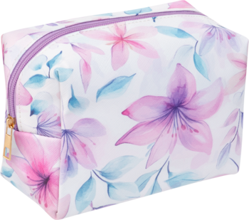 Kosmetyczka make up Ewa Schmitt KO702, biała z motywem różowych i fioletowych kwiatów, fioletowy zamek, kątowe ujęcie.