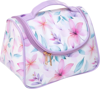 Kuferek kosmetyczny Ewa Schmitt KO704. Biały w delikatne fioletowo-różowe kwiaty, uchwyt, złote zamki, widok z przodu pod kątem.