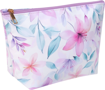Kosmetyczka Ewa Schmitt KO706, biała z kwiecistym wzorem w różu, fiolecie i mięcie, złoty zamek, widok z przodu.