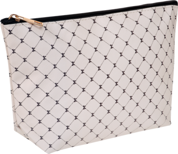 Kosmetyczka Ewa Schmitt KO707, biała z czarnym geometrycznym wzorem, zamek z brązowym uchwytem, widok z góry.