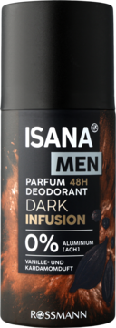 Czarny dezodorant ISANA MEN Dark Infusion 48h z wanilią i kardamonem, 0% aluminium, widok z przodu.