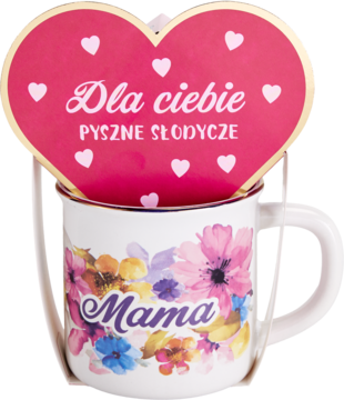 Biały kubek "Mama" z kolorowym wzorem kwiatowym i różowym sercem "Dla Ciebie pyszne słodycze".