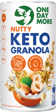 Biała puszka Nutty Keto Granola One Day More. Z orzechami, bez dodatku cukru, bogata w tłuszcze nienasycone. Widok z przodu.