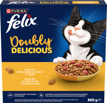 Frontowe opakowanie karmy Felix Doubly Delicious dla kotów, kurczak i indyk, z uśmiechniętym kotem, 800g.