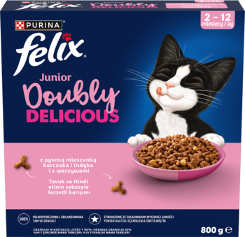Felix Doubly Delicious Junior karma dla kociąt kurczak i indyk 800g. Niebieskie opakowanie z kotem, widok z przodu.