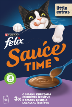 Felix Sauce Time, sos dla kota 10 kcal, smaki kurczaka i łososia, opakowanie 6x z wizerunkiem kota.