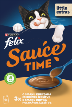 Felix Sauce Time sos dla kota, smaki kurczaka i indyka, 6x saszetka, niebieskie opakowanie z kotem.