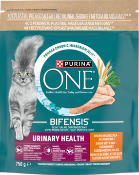 Karma sucha Purina One Bifensis Urinary Health dla kotów, zielono-brązowe opakowanie 750g.