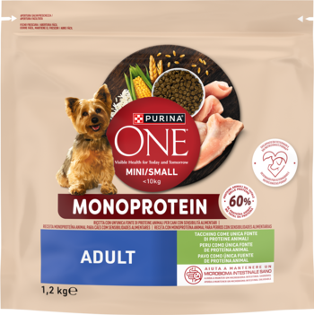 Purina ONE MINI/SMALL Monoprotein Adult karma dla psów, indyk, beżowa torba 1,2 kg, widok z przodu.