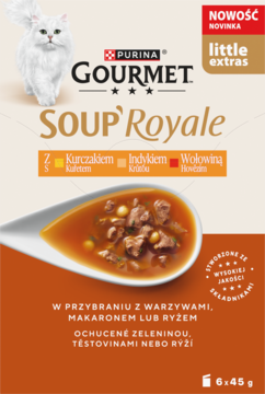 Gourmet Soup Royale dla kota, bulion z mięsem, warzywami/makaronem/ryżem, 6x45g, front opakowania.