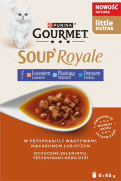 Gourmet Soup Royale, zupy dla kota z rybą i warzywami, na pomarańczowo-białej saszetce z kotem i łyżką.