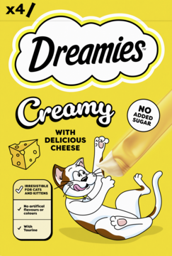 Żółta saszetka DREAMIES™ Creamy z pysznym serem dla kota, z kotem i serem. Bez cukru. Widok z przodu.