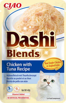 Saszetka CIAO Dashi Blends Kurczak z Tuńczykiem 40g, beżowa, z daniem z kurczaka i grafiką kota, widok z przodu.