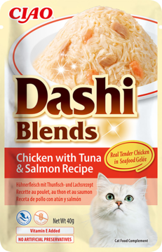 CIAO Dashi Blends Chicken with Tuna & Salmon cat food complement pouch, front view, with meal and white cat.