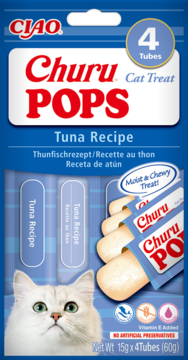 Opakowanie Churu POPS Tuna Recipe Cat Treat, 4 tubki. Biało-niebieskie, z kotem i tubkami wilgotnego przysmaku.