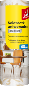Żółte opakowanie chłonnych ściereczek uniwersalnych Jan Niezbędny premium, 40 szt., widok na tle kuchni.
