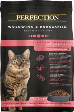 Pełnoporcjowa karma PERFECTION Wołowina z kurczakiem dla dorosłych kotów, ciemne opakowanie z kotem, widok z przodu.