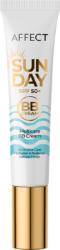 Biała tubka kremu BB Affect Sun Day SPF 50+ Multicare, ze złotymi napisami i turkusowymi falami, widok z przodu.