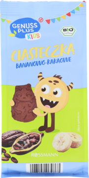 Jasnoniebieskie opakowanie Genuss Plus Kids Ciasteczka Bananowo-Kakaowe BIO z wesołym potworkiem i bananem.