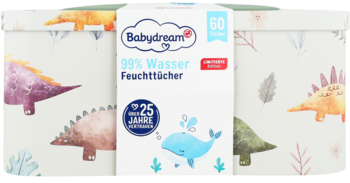 Babydream 99% Wasser Feuchttücher 60 sztuk, opakowanie z wielorybem, na tle z dinozaurami.