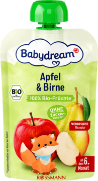 Babydream mus owocowy Apfel & Birne 100% Bio-Früchte, biały pouch z liskiem, bez cukru, widok z przodu.