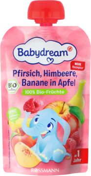 Różowa saszetka Babydream z musem owocowym (bio brzoskwinia, malina, banan, jabłko). Widok z przodu, słoń, od 1 roku.