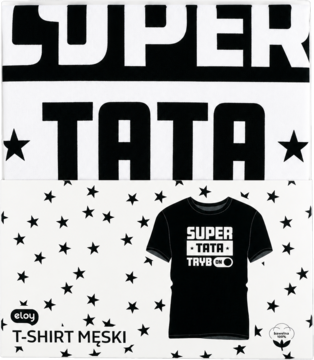 Czarno-białe opakowanie koszulki męskiej z dużym napisem „SUPER TATA” i wzorem w gwiazdki, widok z przodu.