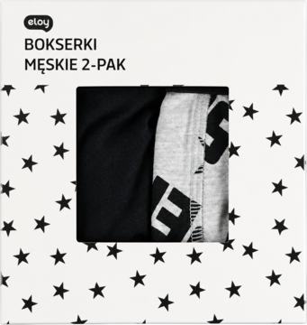 Bokserki męskie Eloy 2-pak, czarne i szare z nadrukiem, widoczne przez otwór w pudełku z gwiazdkami.