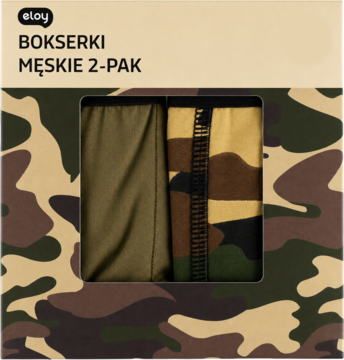Eloy bokserki męskie 2-pak w pudełku moro; jedna para oliwkowa, druga w panterkę, widok z przodu.