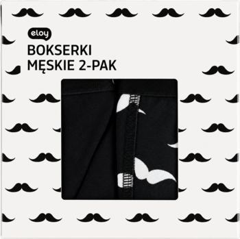 Czarne bokserki męskie Eloy, 2-pak, z białym wzorem wąsów, widoczne w pudełku z tym samym motywem.