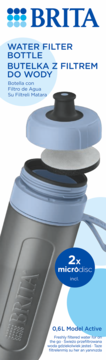 Szara butelka filtrująca Brita Active 0.6L z błękitną nakrętką i widocznym filtrem MicroDisc.