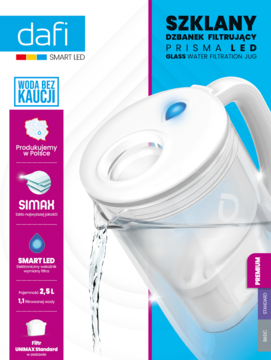 Dafi Prisma LED, szklany dzbanek filtrujący, biało-przezroczysty, z wylewającą się wodą. Pokrywa z niebieskim LED. Widok z przodu.