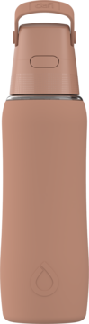Dafi SOLID GLASS SILIKONFIT 0,63l, butelka filtrująca, pudrowy róż, żółty uchwyt, logo kropli, przód.