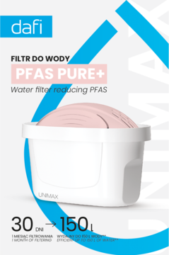 Dafi Unimax PFAS Pure+ filtr wody. Biały wkład z różowym filtrem, redukujący PFAS, wydajność 150L/30 dni.
