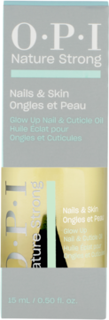 O.P.I Nature Strong Glow Up Nail & Cuticle Oil box. Split design: grey top with text, yellow bottom panel, 15ml.