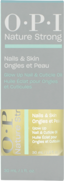 OPI Nature Strong Glow Up Nail & Cuticle Oil box, gray and gold, front view. Text: 'Nails & Skin'.