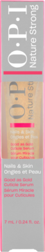 Serum do skórek OPI Nature Strong Good as Gold, szare opakowanie z różowymi paskami, widok z przodu.