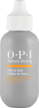 Żel zmiękczający skórki OPI Nature Strong Nails & Skin w szarej butelce, biały napis i pomarańczowa linia, widok z przodu.