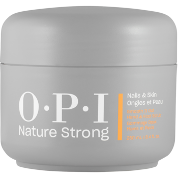 Szary, matowy słoik OPI Nature Strong, peeling do rąk i stóp 200 ml, z pomarańczowym paskiem, widok z przodu.