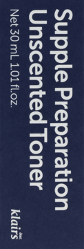 Klairs Supple Preparation Unscented Toner 30ml. Ciemnoniebieskie opakowanie z białym tekstem, widok frontu.