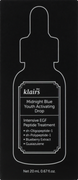 Czarne pudełko serum Klairs Midnight Blue Youth Activating Drop, z białym konturem butelki i tekstem o EGF, widok z przodu.