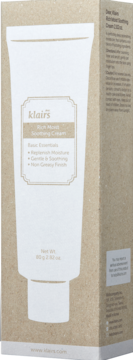 Biała tubka kremu kojąco-nawilżającego Klairs Rich Moist Soothing Cream, widok z przodu w beżowym kartonie.