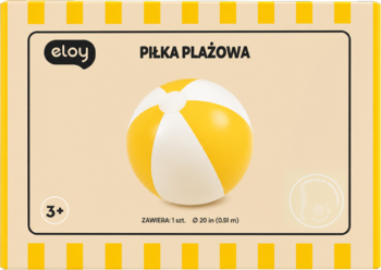 Eloy piłka plażowa, żółto-biała, Ø 29 cm, widok z przodu na jasnym tle opakowania.