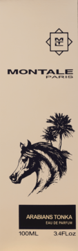 Pionowe opakowanie Montale Arabians Tonka, orientalna woda perfumowana, z grafiką głowy konia i palm na beżowym tle.
