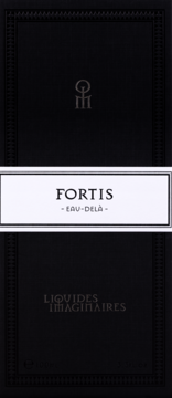 Czarny kartonik perfum Liquides Imaginaires Fortis Eau de Parfum, biała etykieta z napisem, widok z przodu.