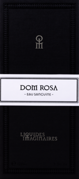 Woda perfumowana Liquides Imaginaires Dom Rosa, czarne pudełko z białym paskiem i złotymi napisami, widok z przodu.