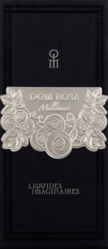 Frontalny widok czarnego kartonu wody perfumowanej Liquides Imaginaires Dom Rosa Millésimé ze srebrną etykietą z różami.