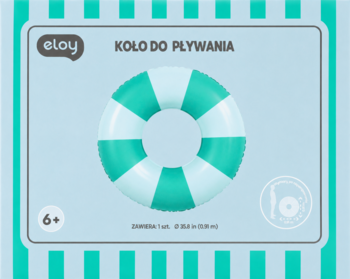 Koło do pływania Eloy w biało-turkusowe paski na opakowaniu, widok z przodu. Wiek 6+, rozmiar 50.8 cm.