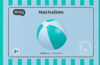 Piłka plażowa Eloy, biało-miętowa, z segmentami, widoczny wiek 3+ i średnica 20 cm, w graficznym opakowaniu.